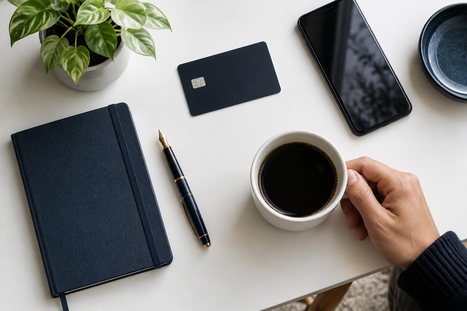 A notebook and bank card on a desk