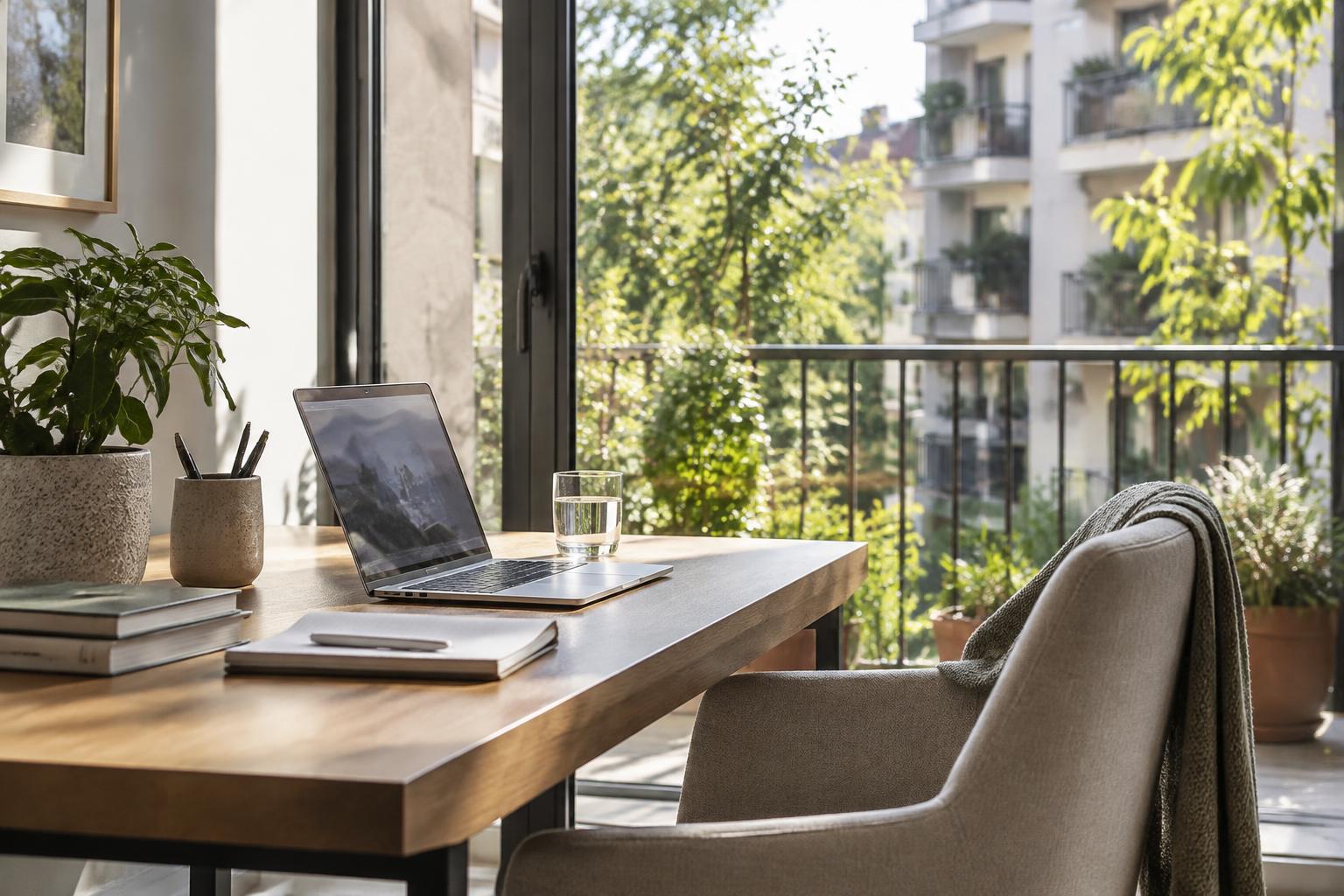 A bright home workspace beside an open window